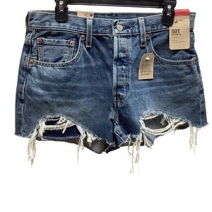 Levi's Size 31 Blue 501 High Rise, Fitted Through The Hip Distressed Shorts.
